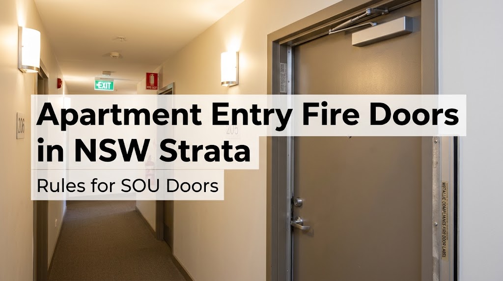 Apartment fire door regulations NSW: apartment entry fire door with closer and compliance label in a strata corridor